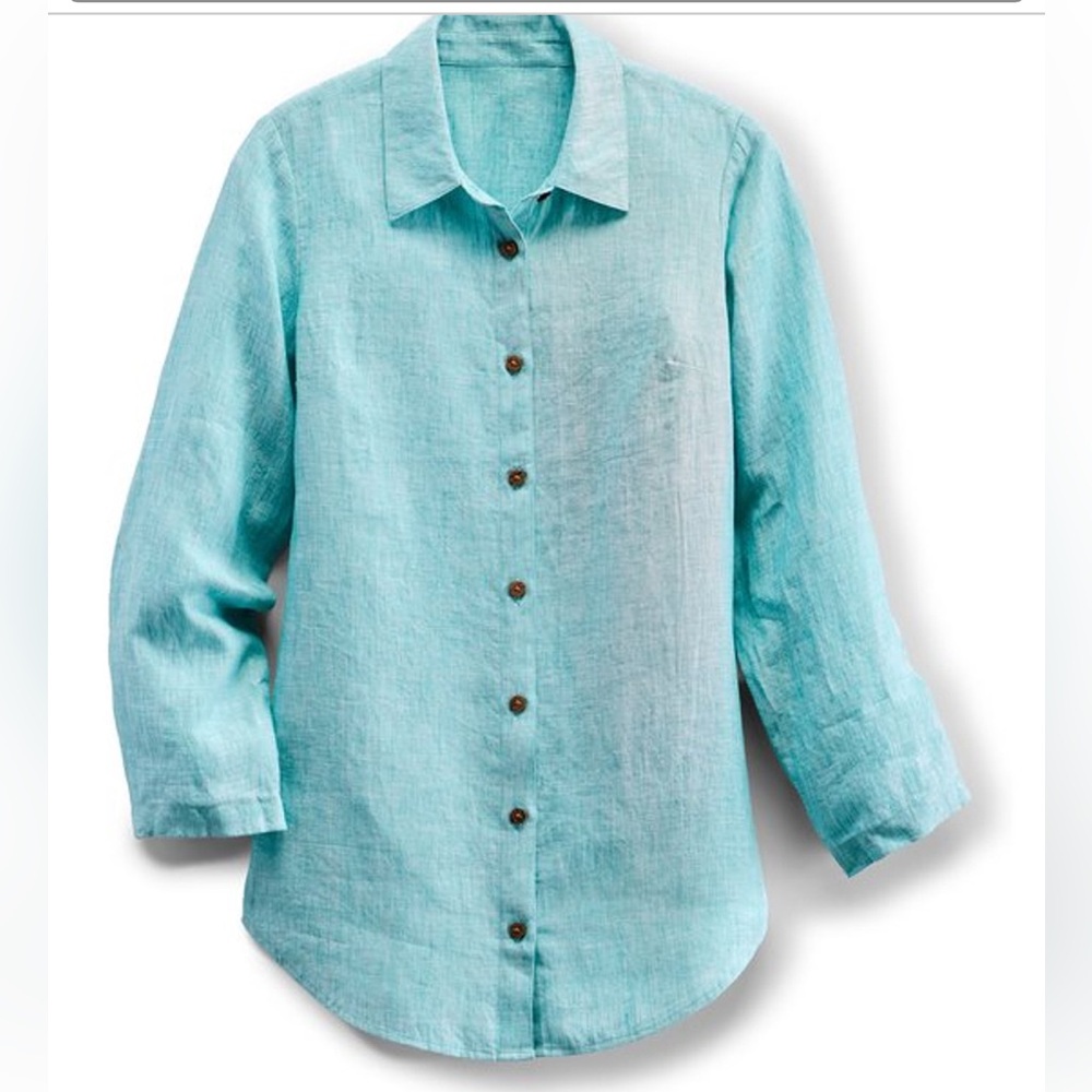 Soft SurroundingsOuter Banks Heather‎ Aqua Linen Shirt Petite Small